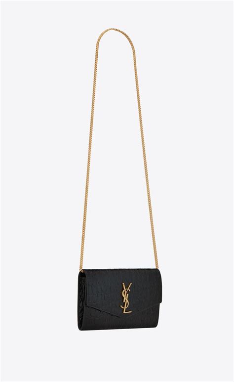 ysl uptown crocodile-embossed chain wallet